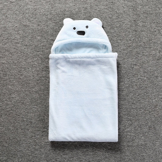 White hooded baby bathrobe towel with polar bear face hood and front pocket