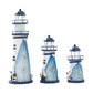 Decorative LED night light towers with blue netted bodies and dark lantern-style tops, unlit