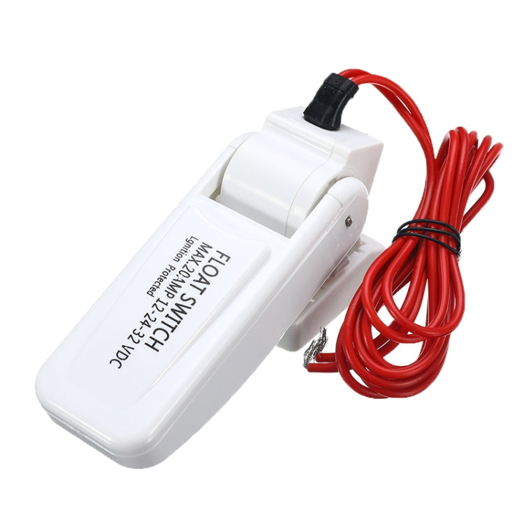 White DC float switch water level controller with red wiring and black lead connector