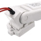 Close-up of white float switch controller body with black sensor cap and red wire
