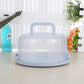 Light blue portable plastic storage/cake box with round handle and domed lid tray.