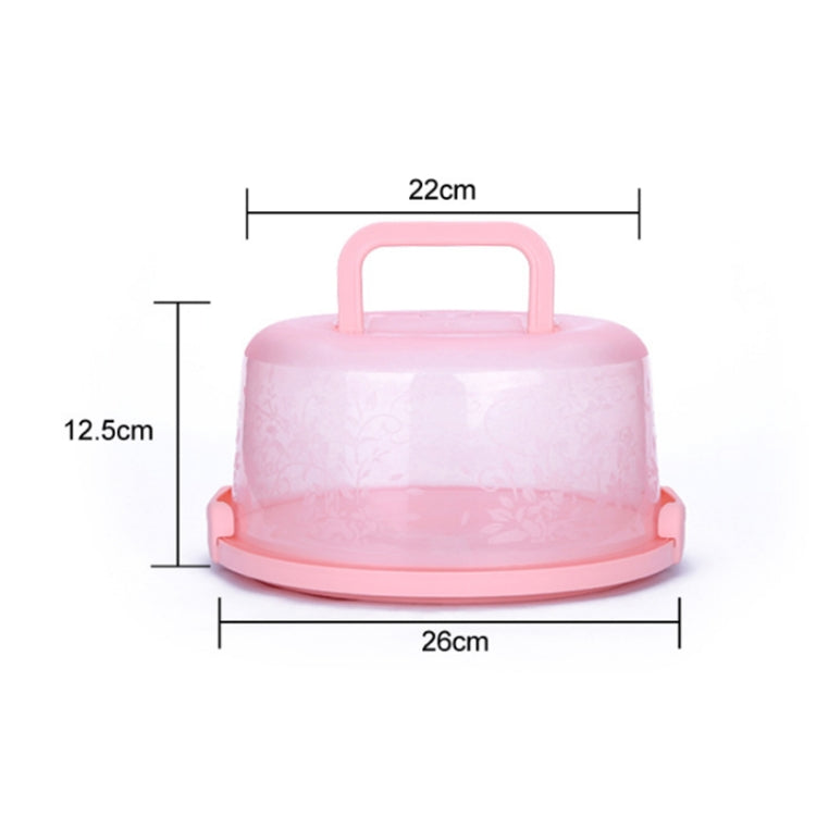 Pink plastic round-handle cake box size diagram: 22cm wide, 12.5cm high.