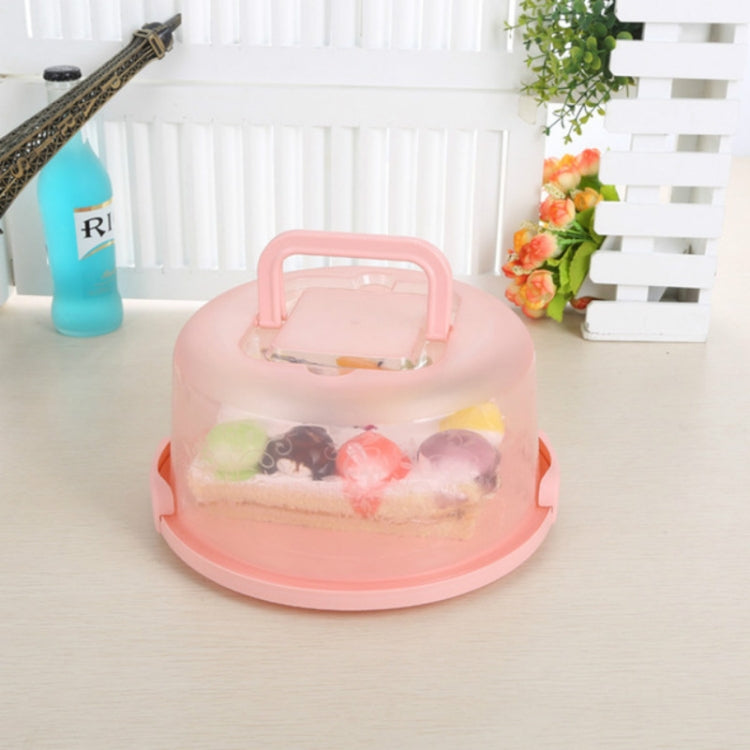 Pink round-handle plastic storage/cake box with domed lid and base tray.