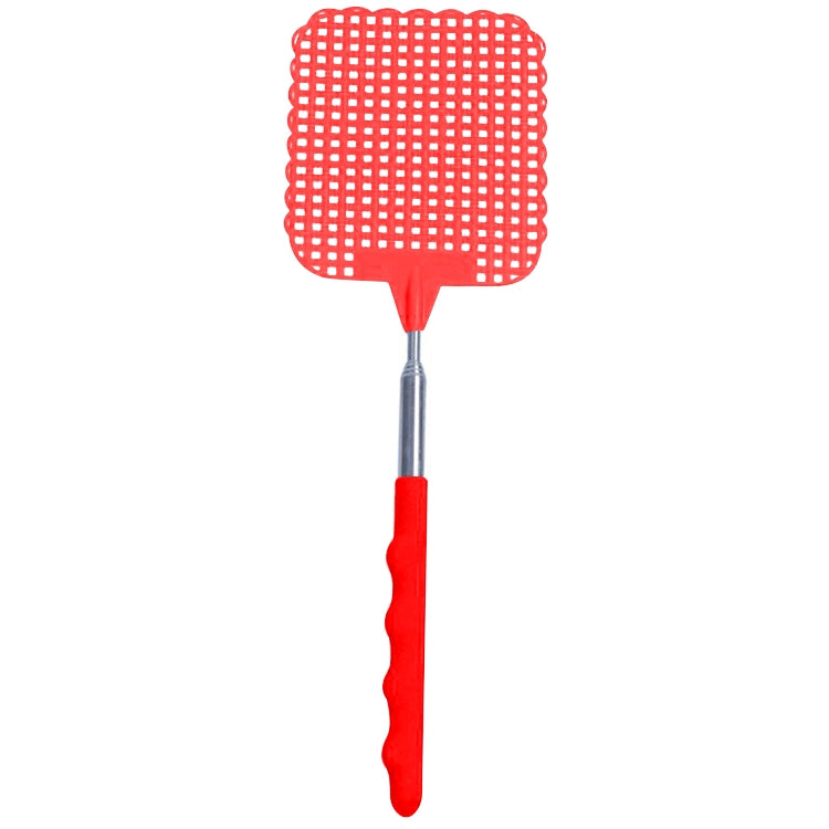 Red retractable fly swatter with square mesh net head and metal pole with red grip