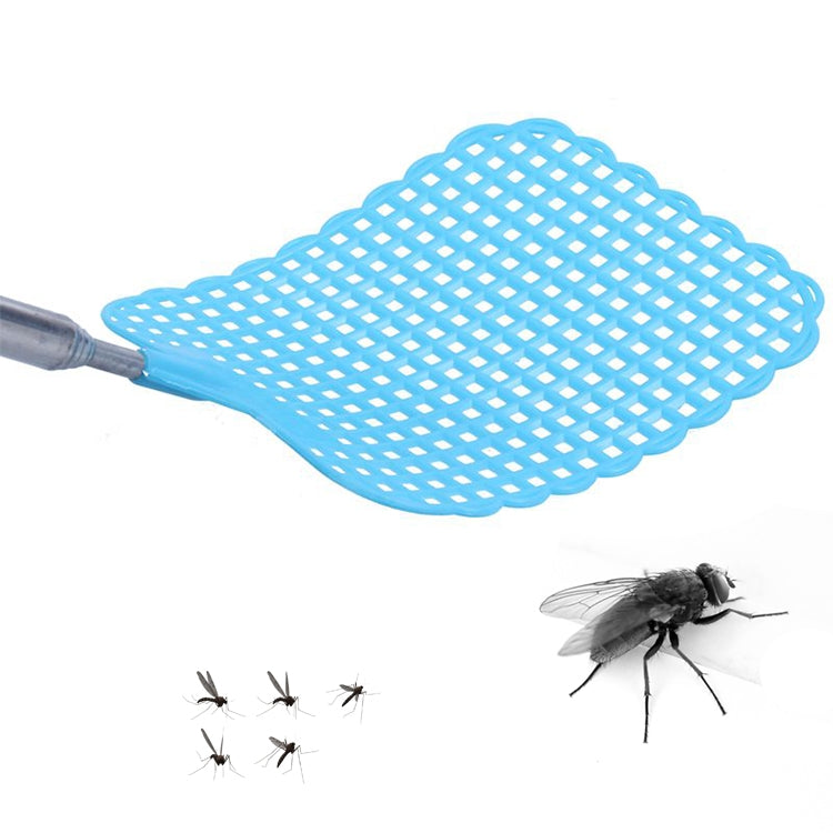 Blue mesh fly swatter net head on metal handle with grip end