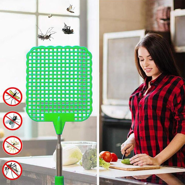 Green square mesh fly swatter with metal pole for tabletop use
