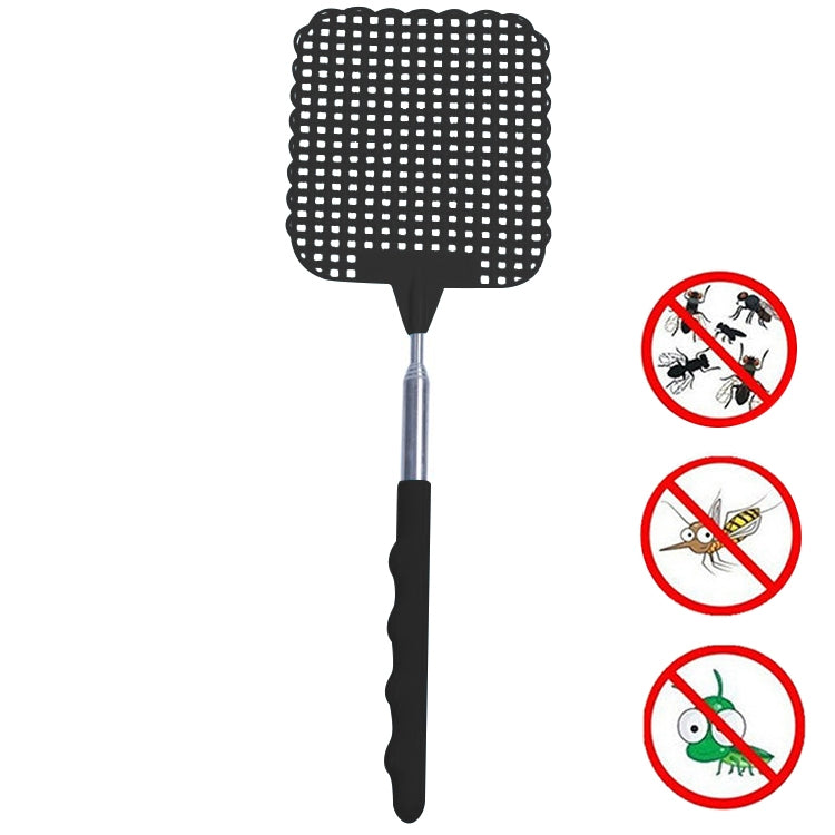 Black retractable fly swatter with square mesh net head and black cushioned handle