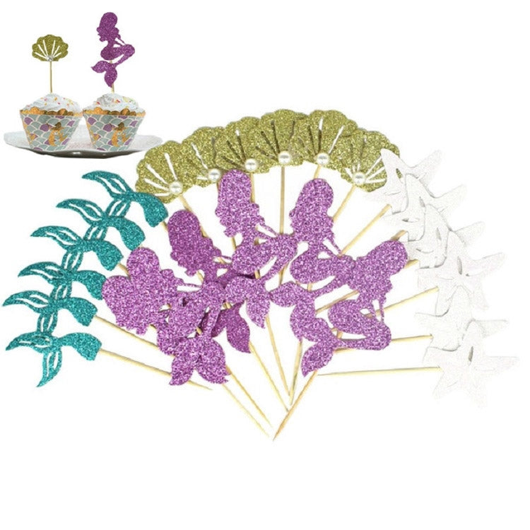 Glitter mermaid cupcake topper set with purple, teal, gold fans and white stars on sticks