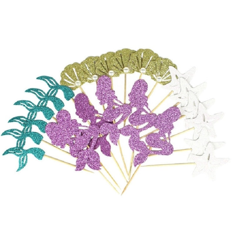 Glitter mermaid cupcake topper with gold fan, purple princess silhouettes, pearls on sticks