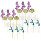 Set of mermaid cupcake toppers: purple figures, teal tails, gold fans, white stars on sticks