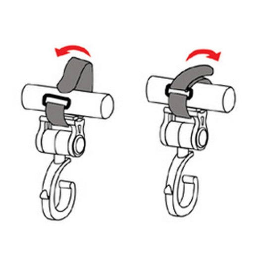 Illustrated stroller accessory hook showing rotating and swiveled attachment
