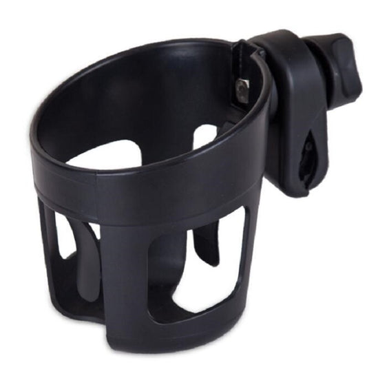 Black cup holder with curved base and four side grips, mounted on stroller handle