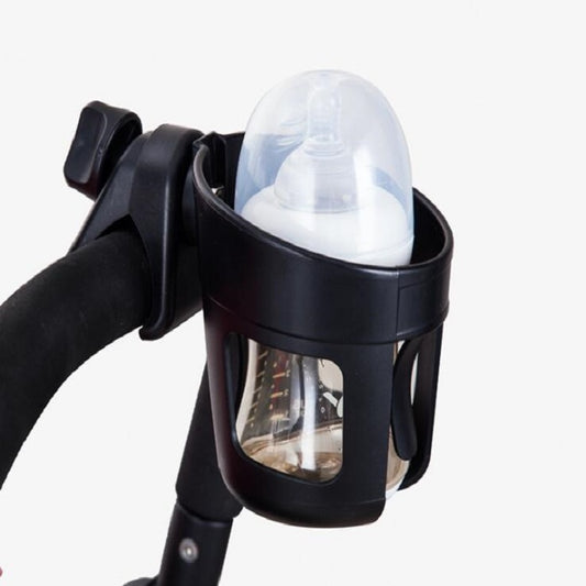 Black stroller cup holder with clear lid and side strap for bottles and cups