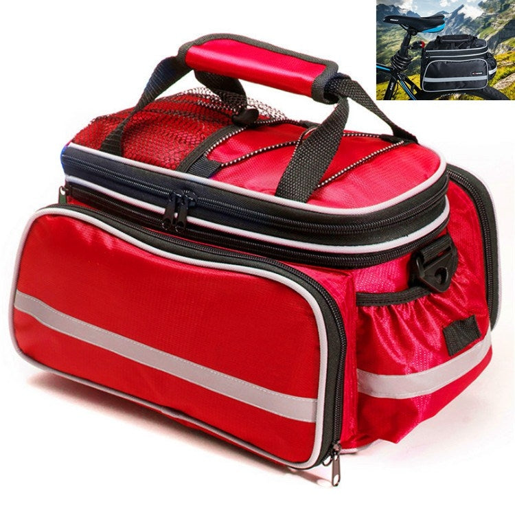 Red waterproof rear bike shelf bag with gray reflective stripe and zip top compartment