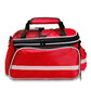 Red bike rear shelf bag with padded handle, gray reflective band, and front zipper pocket