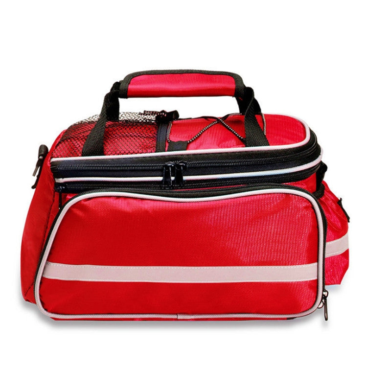 Red bike rear shelf bag with padded handle, gray reflective band, and front zipper pocket