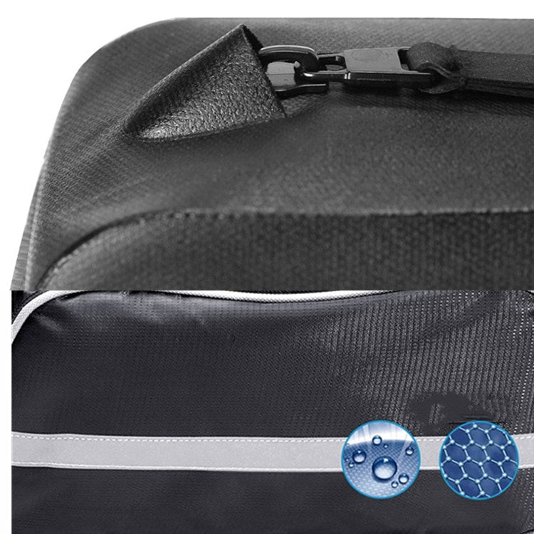 Water-resistant black bike bag fabric with top strap and mesh panel detail