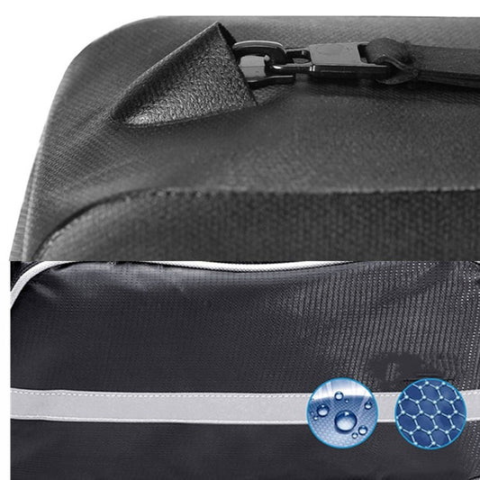 Water-resistant black bike bag fabric with top strap and mesh panel detail