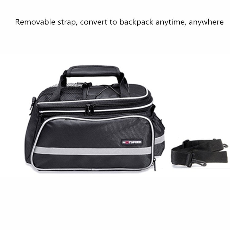Black waterproof rear bike shelf bag with reflective stripe, front zipper pocket, and strap
