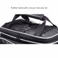 Black rear bike shelf bag close-up with top handle, zipper track, and padded rim