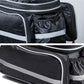 Black rear bike shelf bag interior organizer with elastic pockets and reflective stripe