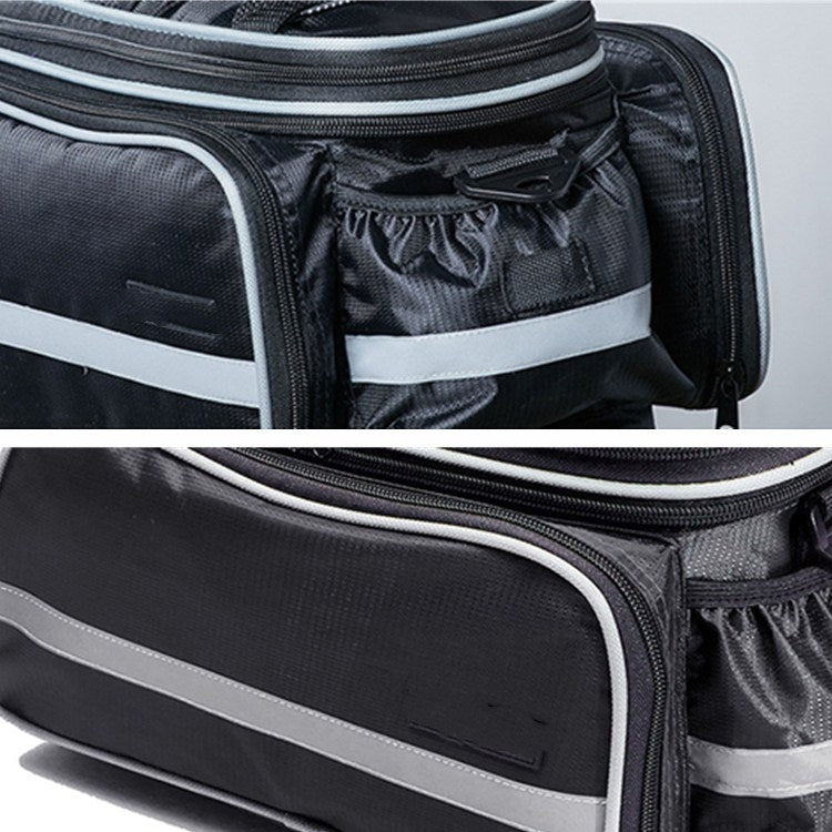 Black rear bike shelf bag interior organizer with elastic pockets and reflective stripe
