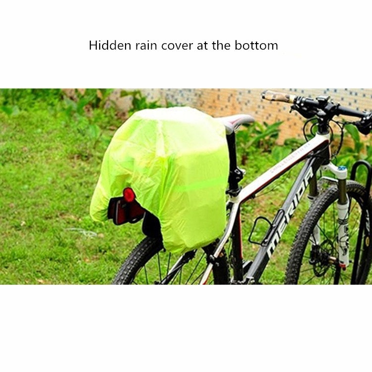 Black rear bike bag with hidden rain cover deployed at the bottom