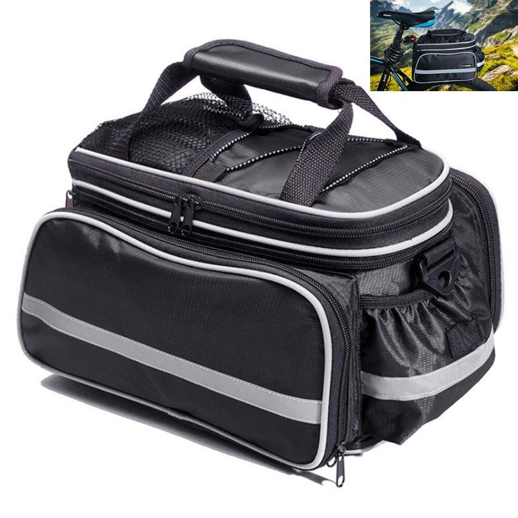 Black waterproof rear bike shelf bag with gray reflective stripe and side mesh pocket