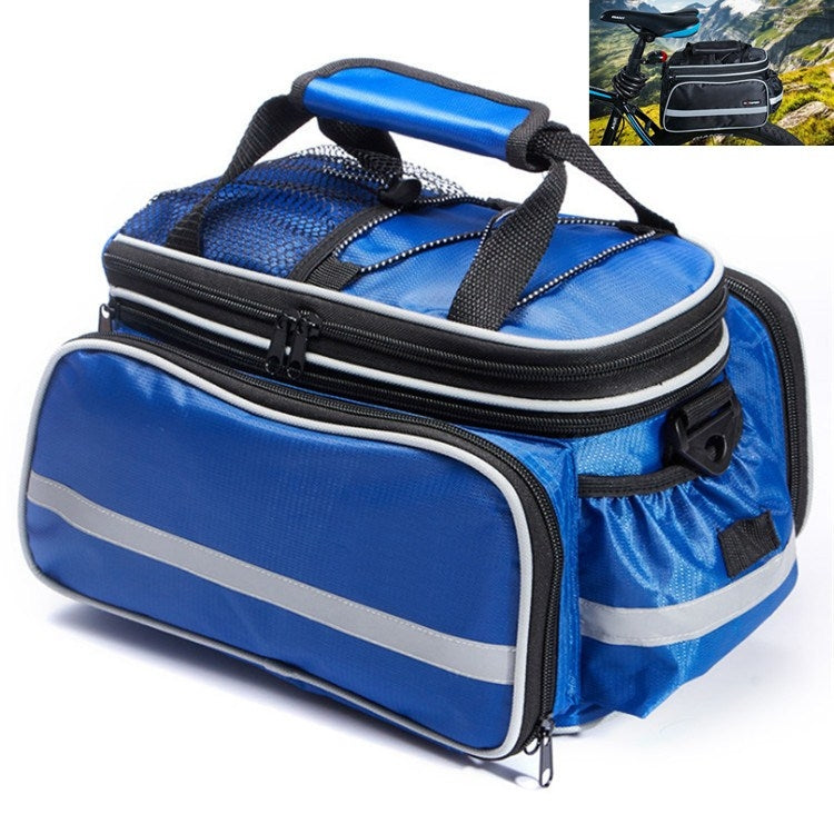 Blue waterproof rear bike shelf bag with gray reflective stripe and zippered compartments