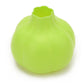 Lime green silicone garlic peeler with wide opening and molded ribs.
