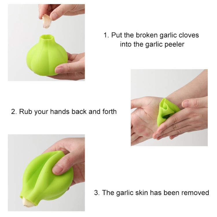 Lime green silicone garlic peeler held in hands for peeling garlic.