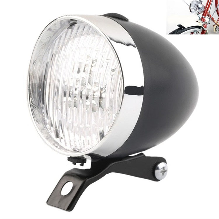 Black retro bicycle LED headlight with clear lens and front mounting bracket
