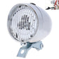 Silver retro bicycle LED headlight with clear lens and metal mounting bracket