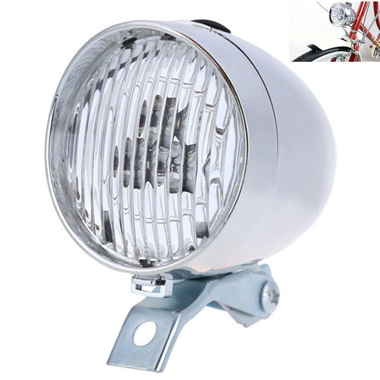 Silver retro bicycle LED headlight with clear lens and metal mounting bracket
