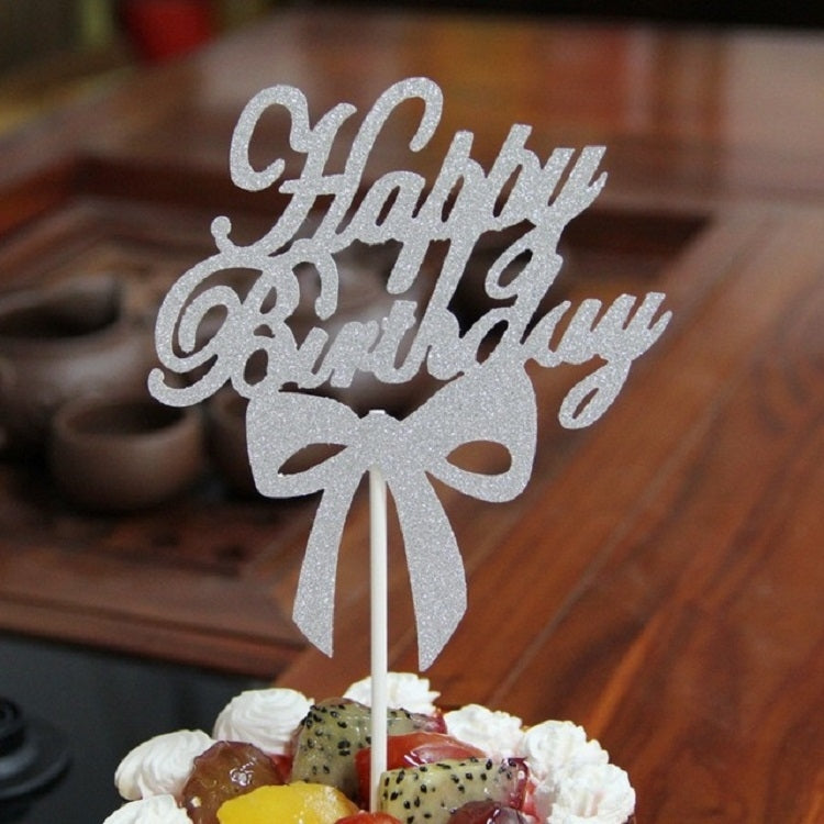 Silver glitter Happy Birthday cake topper insert with bow on a white pick