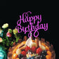 Happy Birthday cake topper insert, purple lettering on a fruit cake
