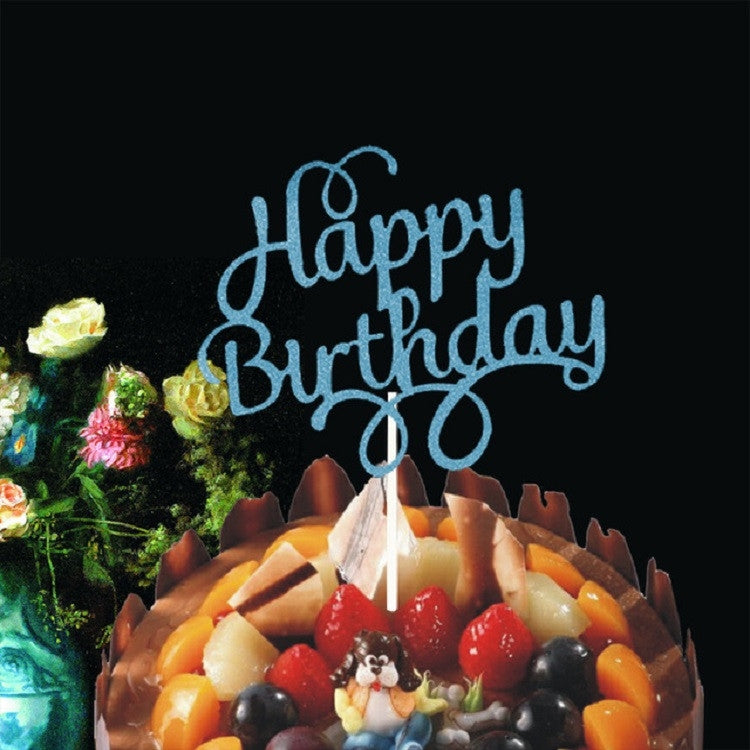 Happy Birthday cake topper insert, blue lettering on a fruit cake