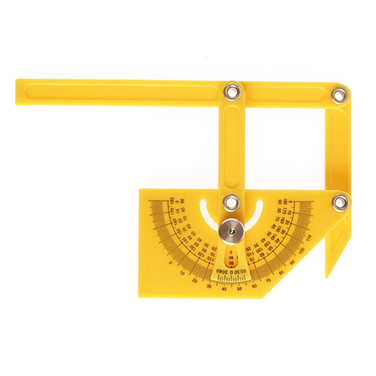 Yellow angle protractor ruler with hinged arms and clear semicircle degree markings