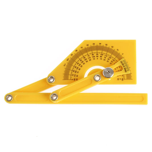 Yellow 180-degree angle protractor ruler with circular degree scale and metal pivot