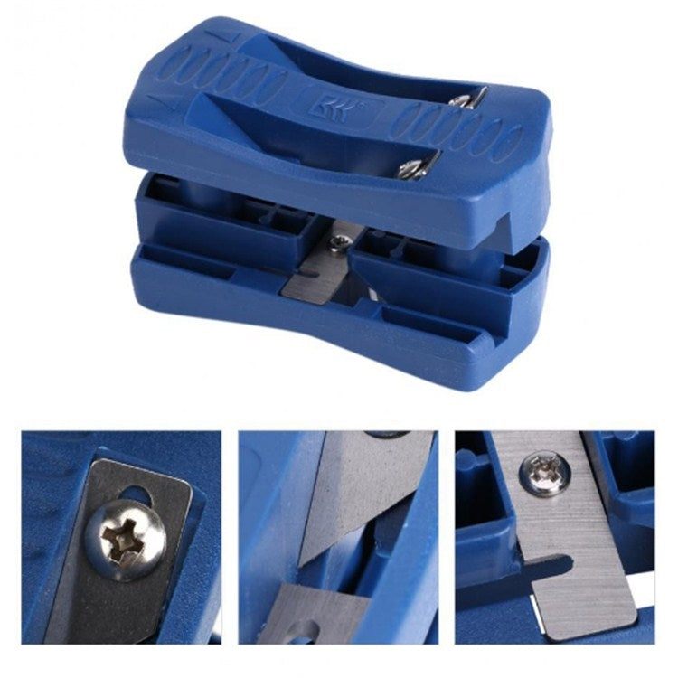 Blue edge banding trimmer with front jaws and close-up screw and blade inserts
