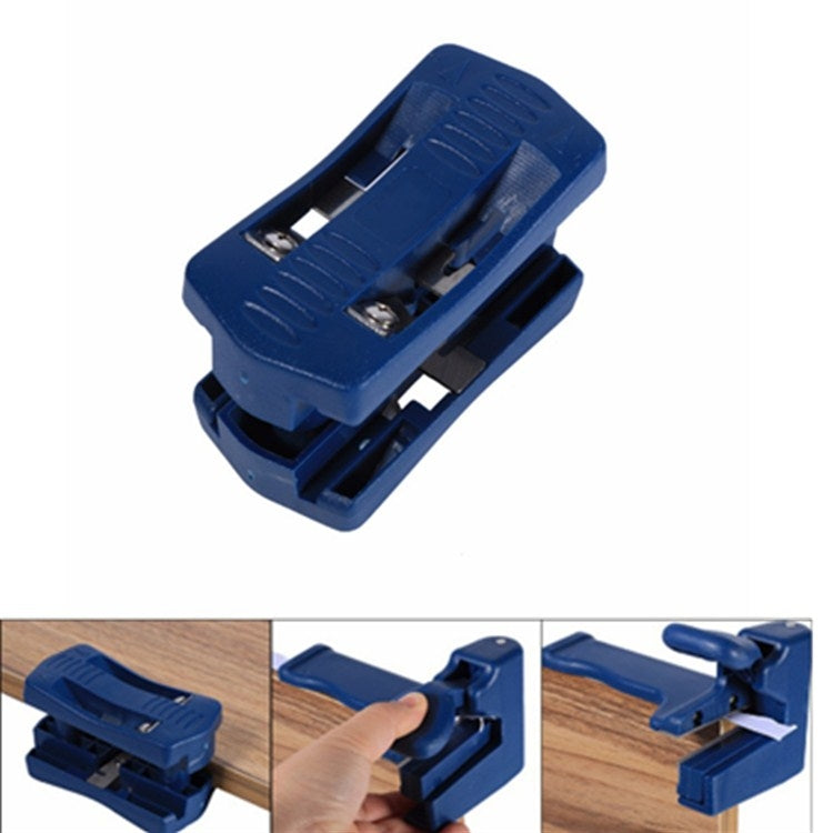 Blue straight edge banding trimmer with cutter insert and base jaws