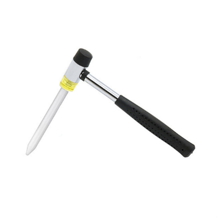 Metal dent repair leveling tool with white body, black handle, and yellow band