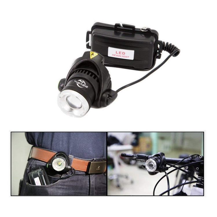 Black LED headlamp with front flashlight beam and rear battery pack