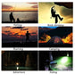 Outdoor activity lighting collage showing headlamp use for fishing, climbing, camping