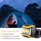 Yellow and black LED headlamp resting on head strap, compact rectangular light window