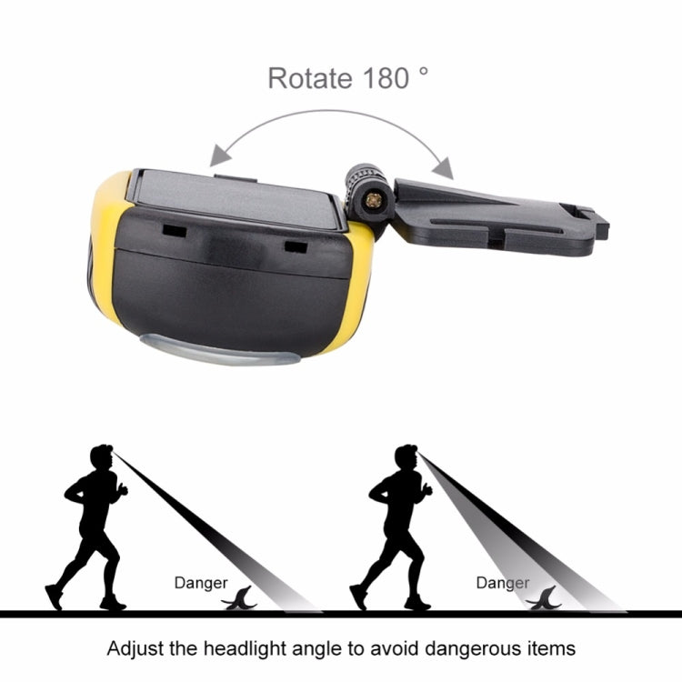 Yellow and black headlamp with rotatable light head and wide elastic strap