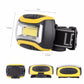 Yellow and black headlamp showing dimensions, elastic strap and rectangular light lens