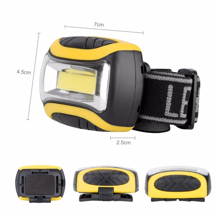 Yellow and black headlamp showing dimensions, elastic strap and rectangular light lens