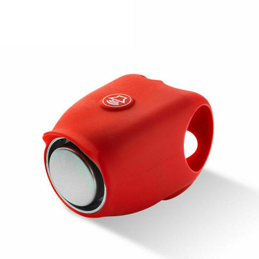 Red electric bicycle horn with front speaker opening and button icon on silicone cover