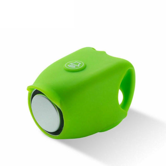 Green electric bicycle horn with front speaker opening and button icon on silicone cover